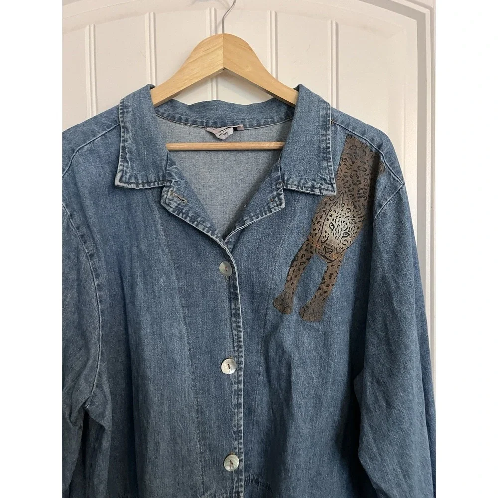 Vintage Shacket Shirt Jean Western Leopard Cheetah Painted XXL‎ Denim Button 460